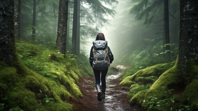 A Young Woman on a Hiking Trail in a Green Beech Forest