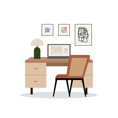 Vector flat illustration of work desk with chair, laptop, lamp and other decor. Office room interior in scandinavian or japandi style