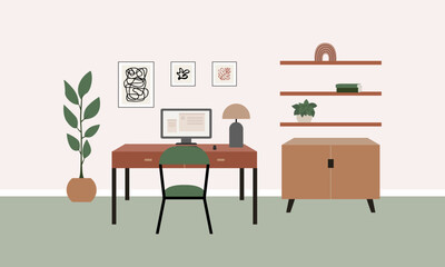 Vector flat illustration of work desk with chair, monitor, plants and other decor. Office room interior in scandinavian or japandi style