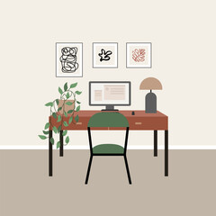 Vector flat illustration of work desk with chair, posters, plant and lamp. Scandinavian or japandi interior style. Office room