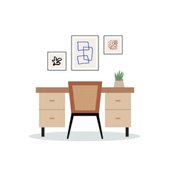 Vector flat illustration of work desk with chair, plants and posters. Office room interior in scandinavian or japandi style
