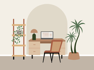 Interior of the office room. Vector flat illustration of work desk with chair, laptop, plants and other decor. Scandinavian or japandi interior style