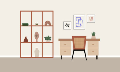 Interior of the office room. Vector flat illustration of work desk with chair, posters, plants and other decor. Scandinavian or japandi interior style