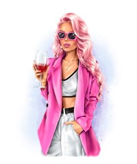 Beautiful woman holding a glass of wine. Fashion woman in sunglasses. Fashion illustration 