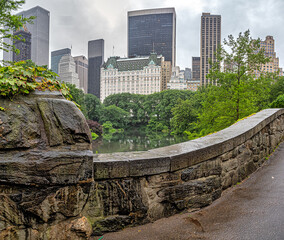 Gapstow Bridge in Central Park, in rain