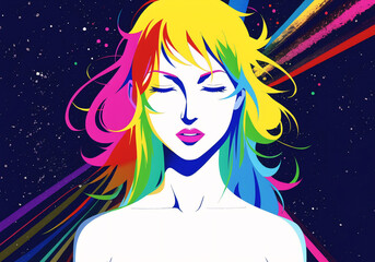 Multicolored portrait of a beautiful girl. Generative AI.
