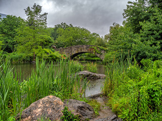 Fototapeta na wymiar Gapstow Bridge in Central Park, in the rain
