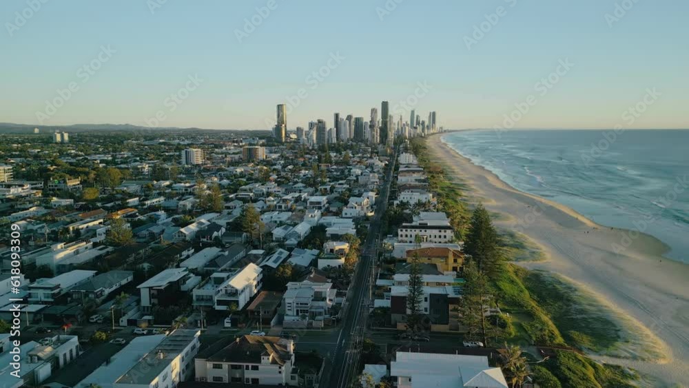 Canvas Prints Aerial of the beach in Gold Coast Australia alongside the ocean during the sunset