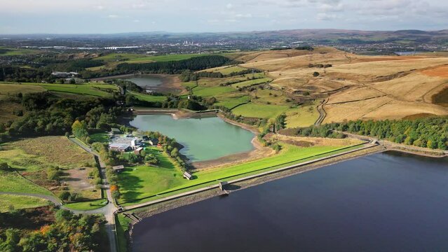8K Video Clip. Cinematic, aerial clip of Ogden Reservoir, Oldham, on the edge of the Pennines.