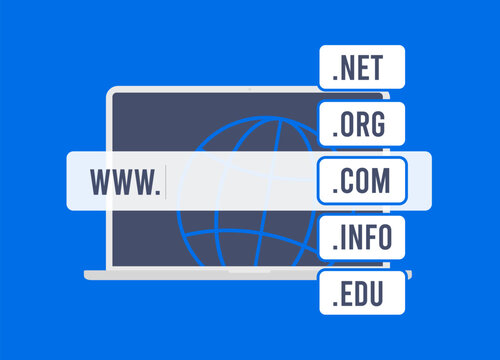 Register Domain Name - search and buy available website domain names. Optimize SEO and search ranking with right name and extension. Vector illustration with laptop and search bar