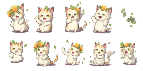 Cat, cute flower style, multiple poses and expressions, sticker, white background Generative AI