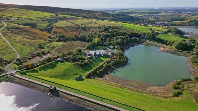 8K Video Clip. Cinematic, aerial clip of Ogden Reservoir, Oldham, on the edge of the Pennines.