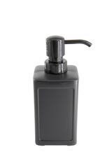 Black cosmetic plastic bottle with dispenser isolated on white background