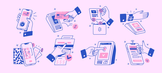 Contactless cashless wireless payment set. Hands paying with bank debit cards, POS terminal, QR scanner, mobile phone app and smart watch. Flat graphic vector illustration isolated on white background