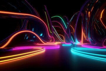 Abstract glowing lines background. Wavy form neon line structure with black background