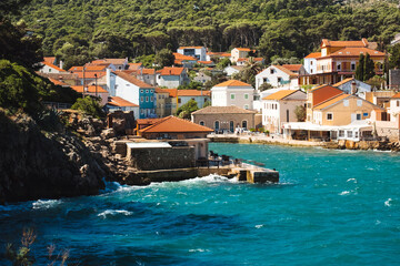 Stormy sea in Mediterranean village Veli Lošinj on Croatia islands in Kvarner Bay Croatia