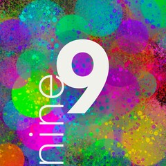 set of white number and word, multicolored background with digital painting, logo and graphic design, typography, nine
