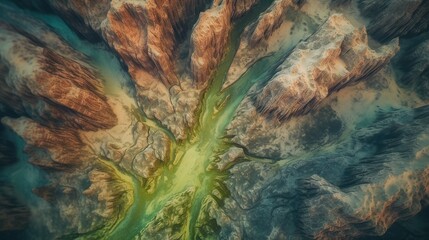  an aerial view of a mountain range with a river running through it.  generative ai