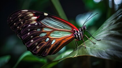  a colorful butterfly sitting on top of a green plant leaf.  generative ai