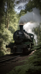 Fototapeta na wymiar A Steam Locomotive in a Green Beech Forest