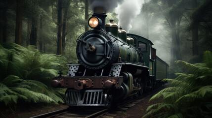 A Steam Locomotive in a Green Beech Forest
