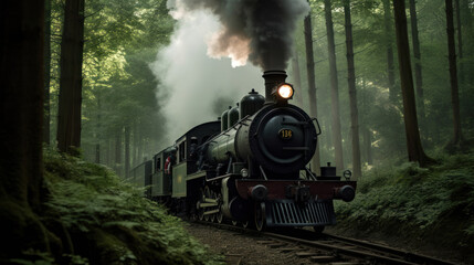 Fototapeta premium A Steam Locomotive in a Green Beech Forest