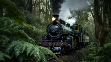 A Steam Locomotive in a Green Beech Forest