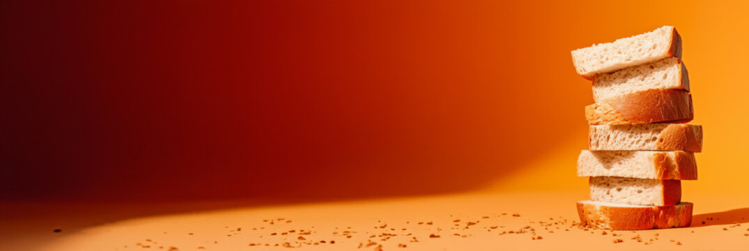 Stack of bread for sandwich with crumbs, isolated on orange background, copy space, place for text