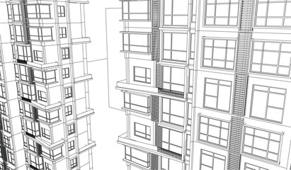 Illustration of an apartment facade, line drawing blueprint