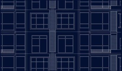 Illustration of an apartment facade, line drawing blueprint