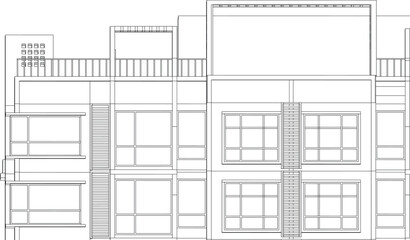 Illustration of an apartment facade, line drawing blueprint