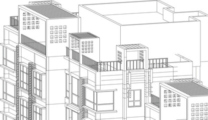 Illustration of an apartment facade, line drawing blueprint