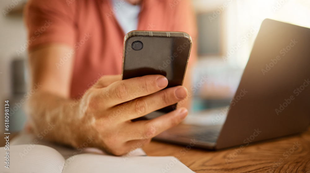 Poster Man, hands and phone for social media, communication or networking in online chatting on table at home. Closeup hand of male person typing, browsing or texting on mobile smartphone app at the house