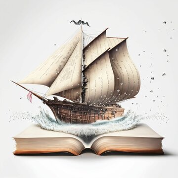 AI generated illustration of a hardcover book open with a sailboat on it