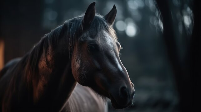  a brown horse standing in a forest at night with its head turned to the side.  generative ai
