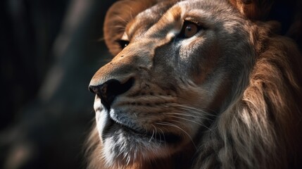  a close up of a lion's face with a blurry background.  generative ai