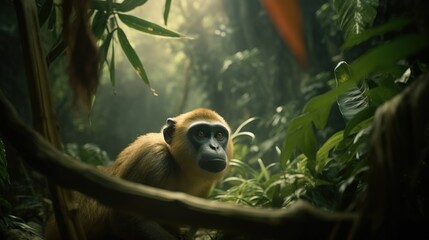  a monkey in the jungle staring at the camera with a blurry background.  generative ai