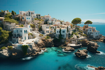 Greek Splendor: A Captivating Realistic Aerial View of Sunlit Island Paradise