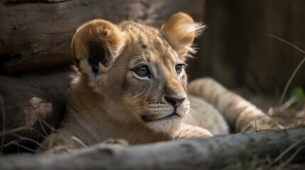 Fototapeta na wymiar a young lion cub is laying down in the shade of a tree. generative ai