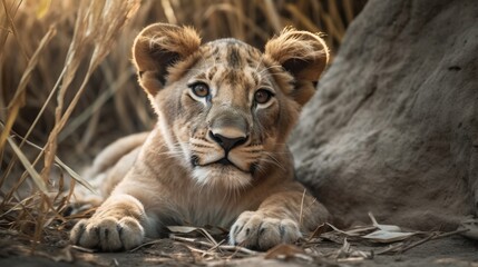 Fototapeta na wymiar a young lion cub rests in the shade of a tree. generative ai