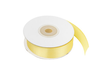 Spool of fabric ribbon on a white background.