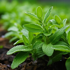 Growing stevia plant with water drops, natural sweetener - obrazy, fototapety, plakaty