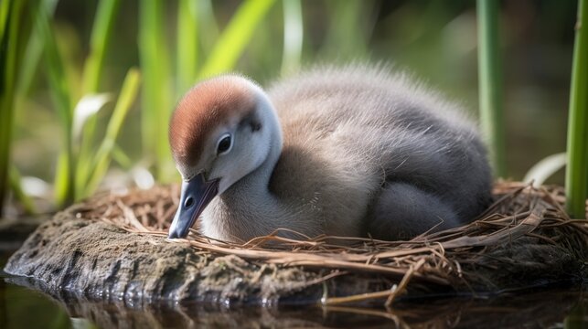  a baby bird is sitting in a nest in the water.  generative ai