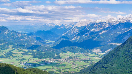 Panorama von der Rossfeld Panoramastraße nach Salzburg, Salzachtal, Salzburger Alpen, Dachstein, Tennengebirge - obrazy, fototapety, plakaty