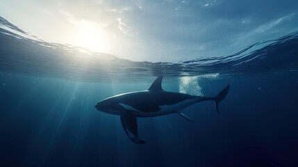 a shark swimming in the ocean with the sun shining through the water.  generative ai