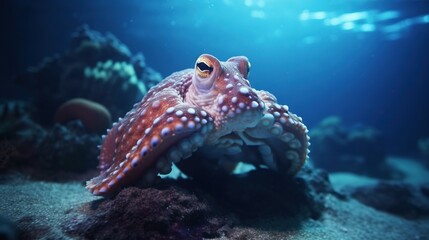  an octopus is sitting on a rock in the ocean water.  generative ai