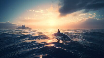  a dolphin swimming in the ocean at sunset with a ship in the background.  generative ai