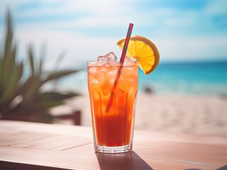 Italian spritz cocktail drink standing on a sunlit bar deck with sea view. Generative AI