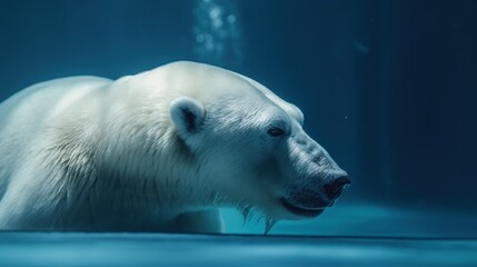 Plakat a white polar bear standing in the water looking at something. generative ai