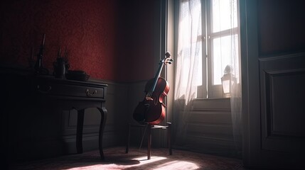  a cello sitting on a chair in front of a window.  generative ai